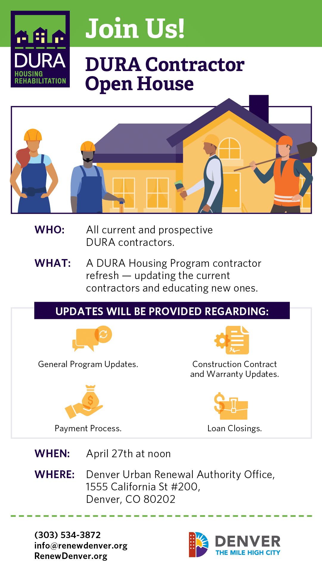 Open house promotional flyer. Includes information described in webpost with graphical representations of contractors working on a house.